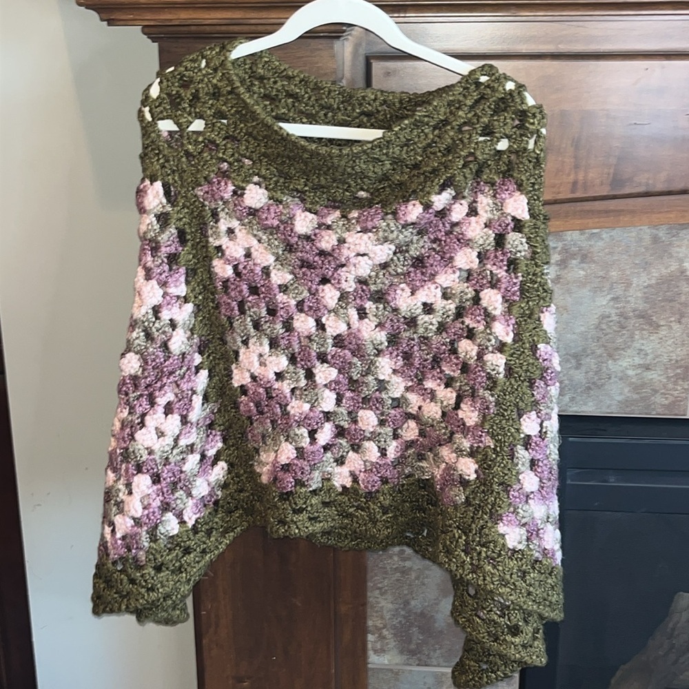 Crocheted beautiful boho hippie granny shawl cape poncho olive green pink purple